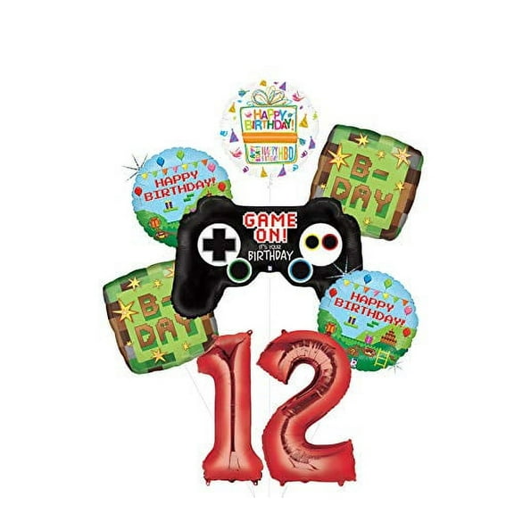 Video Game 12th Birthday Party Supplies Miner Pixelated TNT Balloon Bouquet Decorations