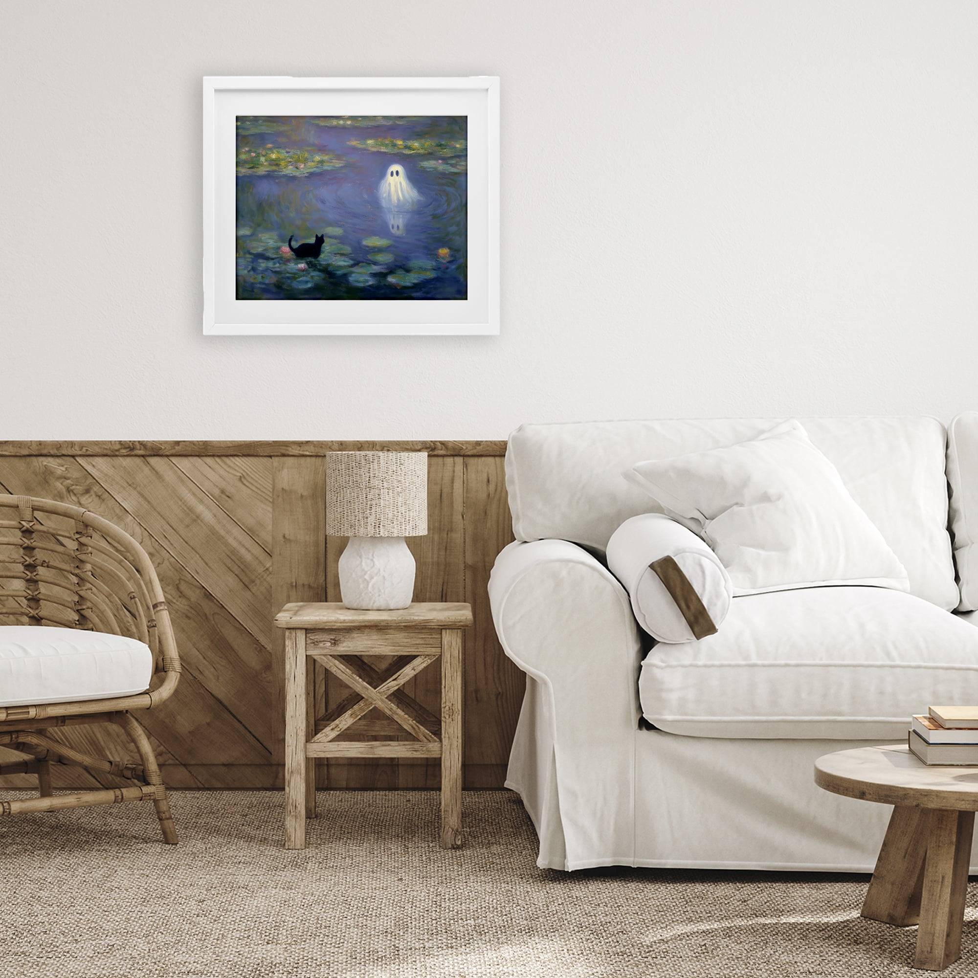 Water Lilies with Ghost & Kitty White Framed Print Under Glass, design by Arlington Prints