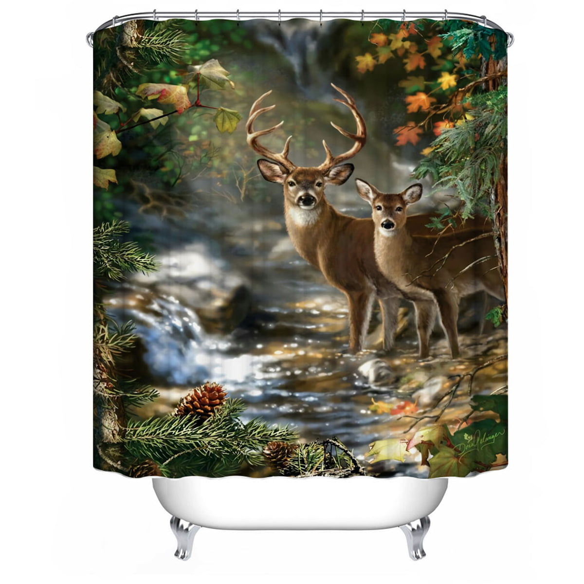 Winter Snow Covered Fir Forest Landscape Deer Shower Curtain Liner Bathroom Mat 