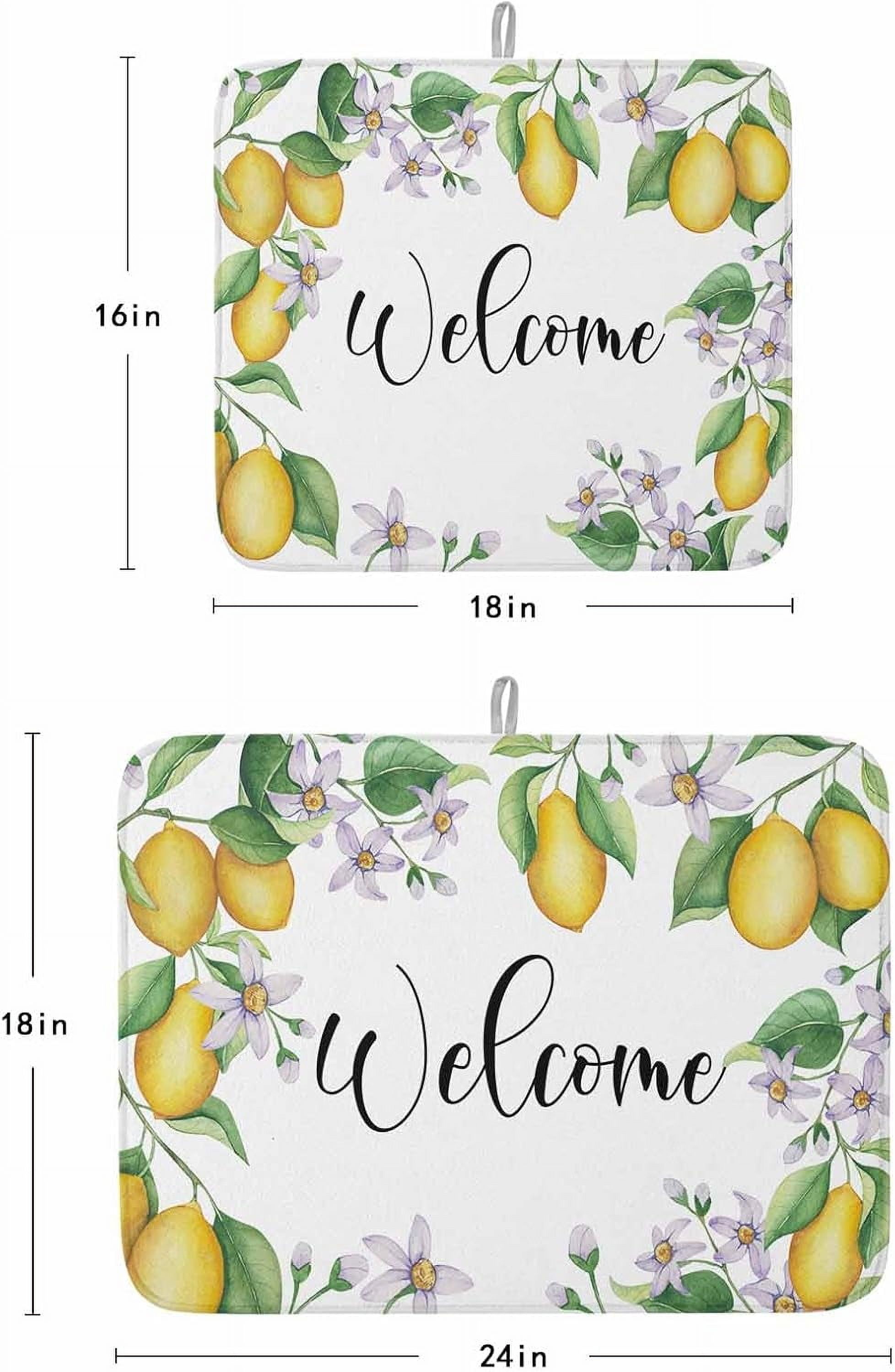 Summer Lemon Dish Drying Mat for Kitchen Counter, Yellow Green Botanical Rustic Welcome Baby Bottle Microfiber Drying Pad, Absorbent Coffee Cup Dishes Drainer Mats 18"x24", 2 Pcs
