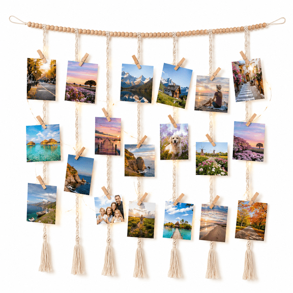 Macrame Hanging Photo Display Wall Decor with String Lights Boho Wooden Beads Garland Collage Picture Card Frame Holder with 45 Clips for Bedroom Living Room Christmas Wedding Party