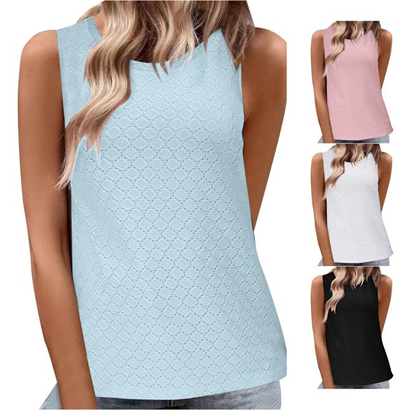 Rggeeun Womens Tank Tops Flowy Vest Loose Fit Plus Size Embossed Design Solid Color Wide Strap Breathable For Summer Beach Lounging Relaxed Tops,Blue,S