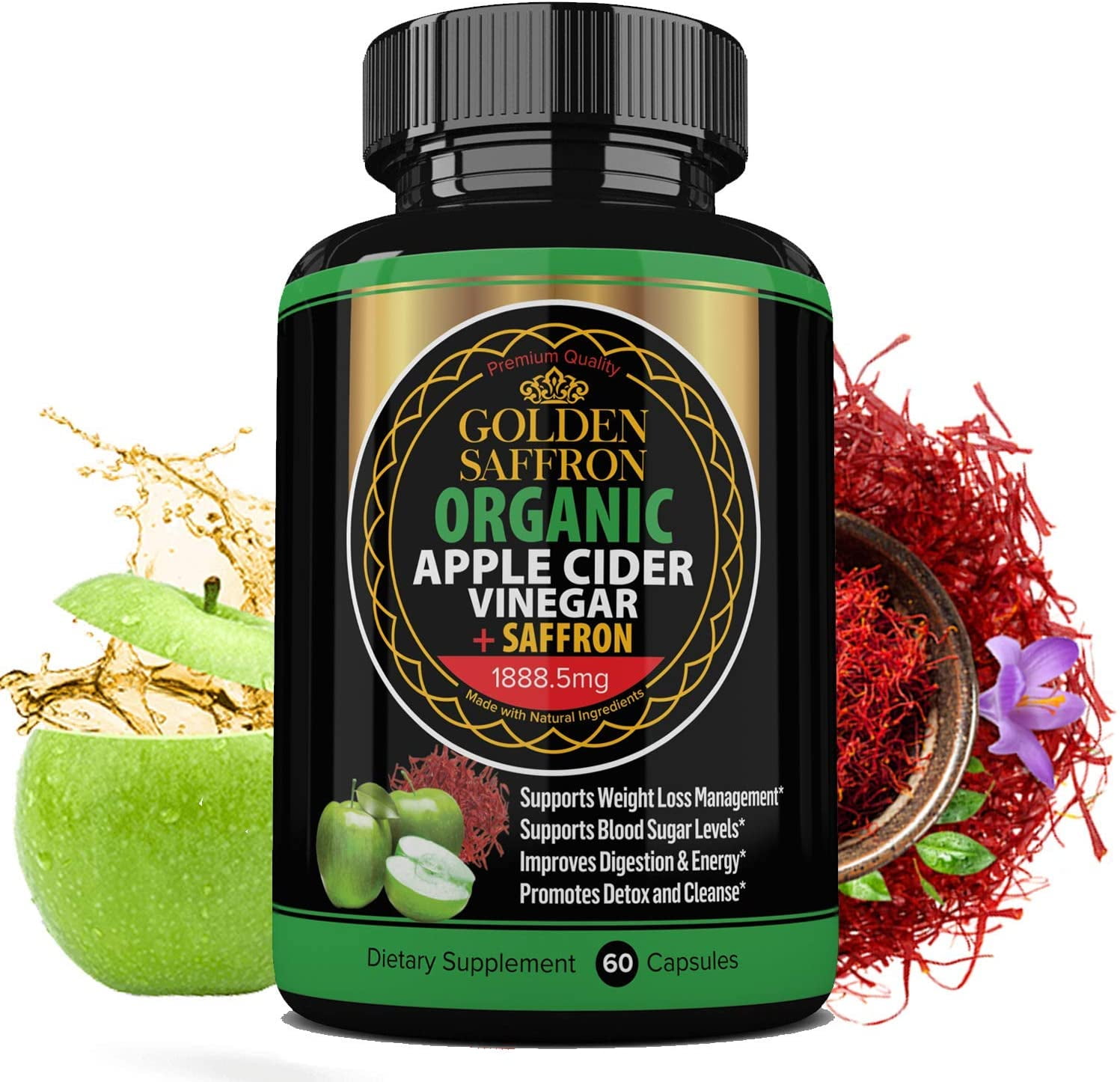 Golden Saffron 100% Organic Apple Cider Vinegar Pills 1800 mg plus 88.8 Saffron Extract - 2 in 1 Supplement, Natural Digestion, Immune Booster Support & Cleansing Supplement with Probiotics