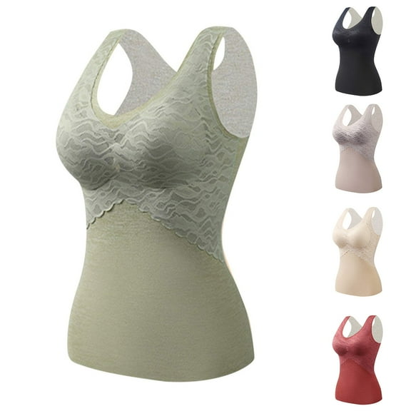 Lovskoo 2024 Women's Winter Thermal Fleece Lined Underwear Tops Cami Tank Top Self-Heating Lace Seamless Fleece Bottoming Cold-Proof Warm Base Layer Vest Beige
