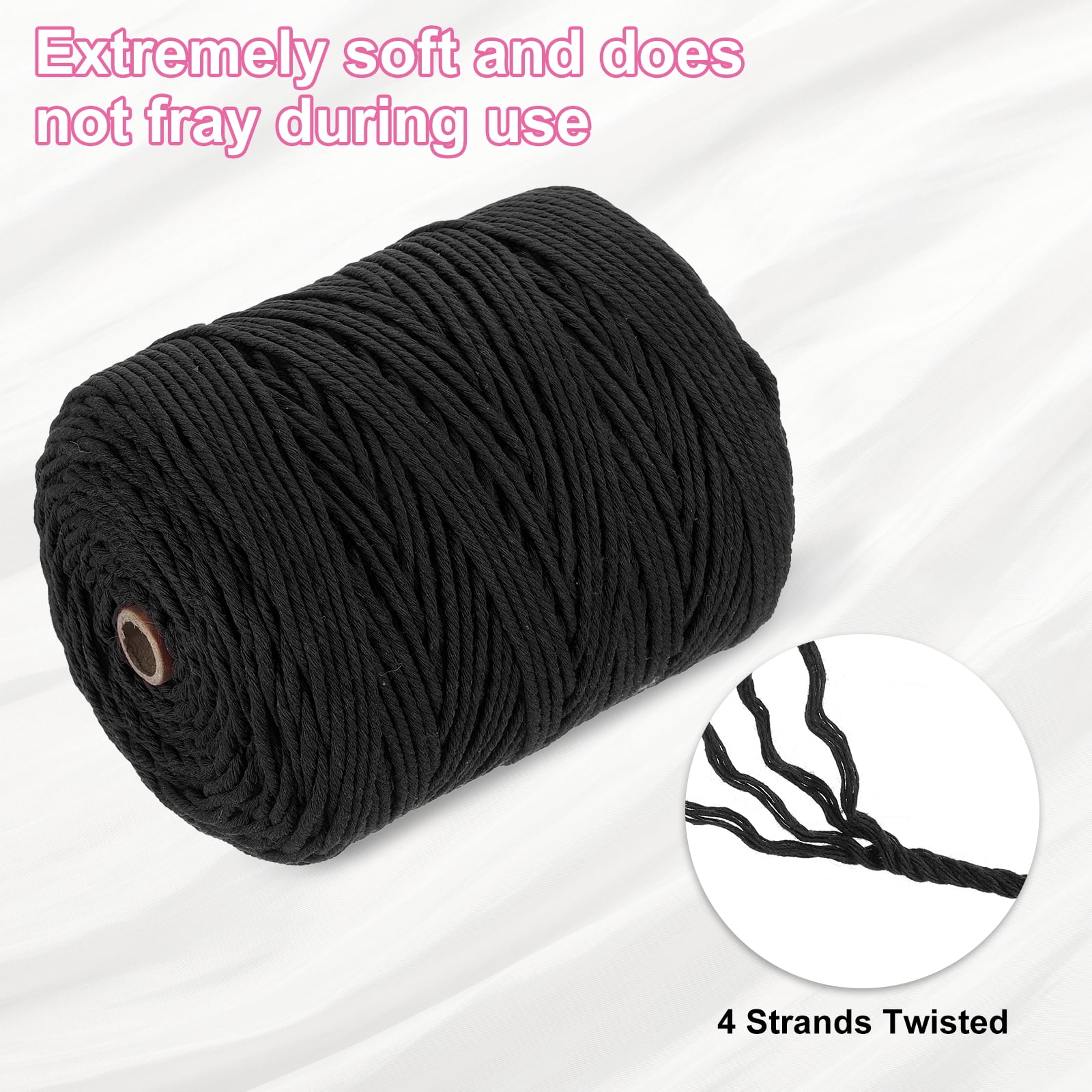 Uxcell Natural Macrame Cord 3mm x 328 Yards 4 Strand Twisted Cotton Macrame Rope for DIY Knitting Plant Wall Hanger Dreamcatcher, Black