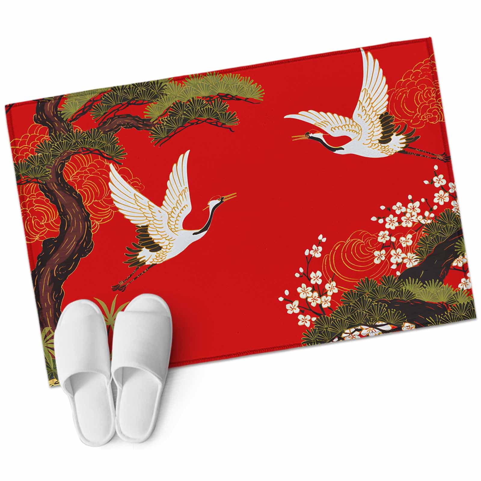 Area Rug 2x3ft, Retro Crane Pine Flower on Red Washable Rugs for Living Room Bedroom, Asian Chinese Pastoral Scenic Soft Non-slip Area Rugs Rectangle Floor Carpet for Dining Room