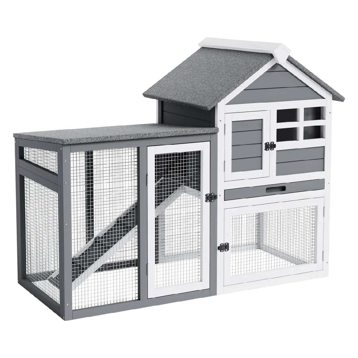 Large Rabbit Hutch Outdoor Indoor with Pull Out Tray Wooden Bunny Hutch, Guinea Pig Cage Chicken Co op with Run, Removable Tray, Asphalt Roof, Lockable Doors and Ramp