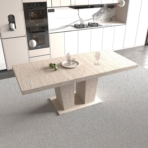 Toauuo Rectangular Extendable Dining Table - 62.99-78.74 Inch, Veined Travertine Pattern, Seats 6-10, Thick Top Sturdy Base, Simple Elegant Table for Kitchen & Dining Room