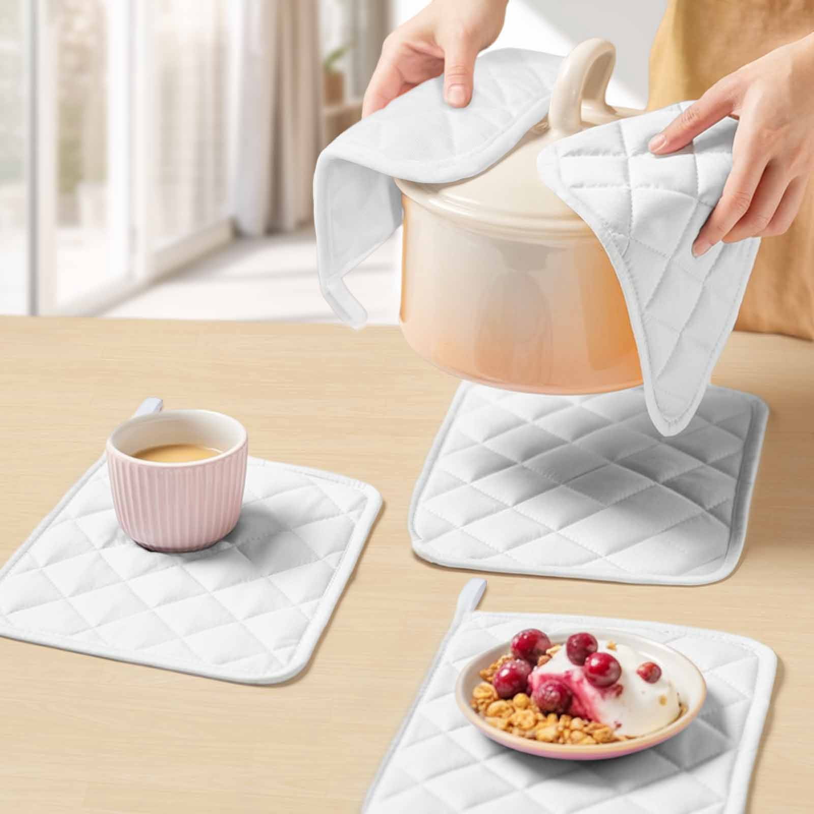 White Pot Holders for Kitchen Heatproof Potholder, 3 Pack Modern Simple White Backdrop Hot Pads Multipurpose Oven Pads Cloth Potholders Trivet for Cooking Baking