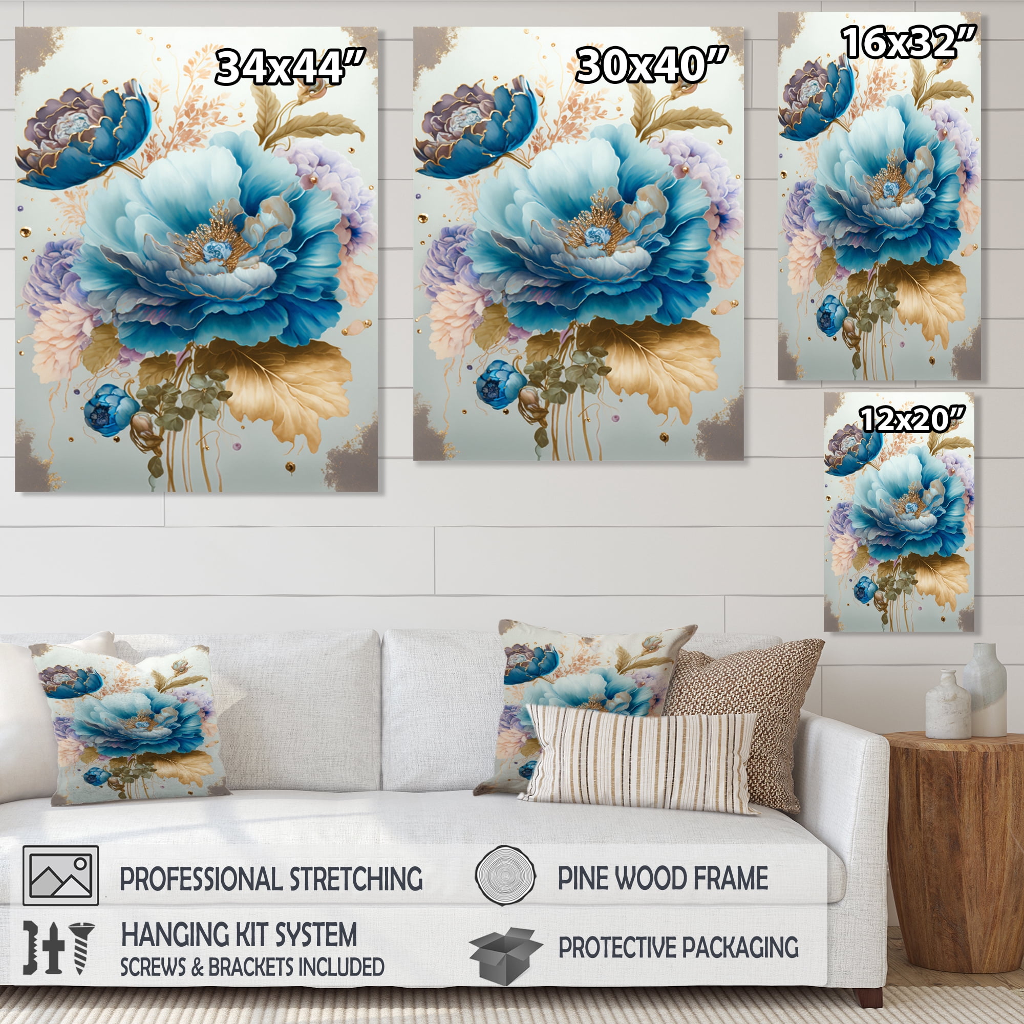Designart Golden Blue Flower Arrangement I Canvas Wall Art