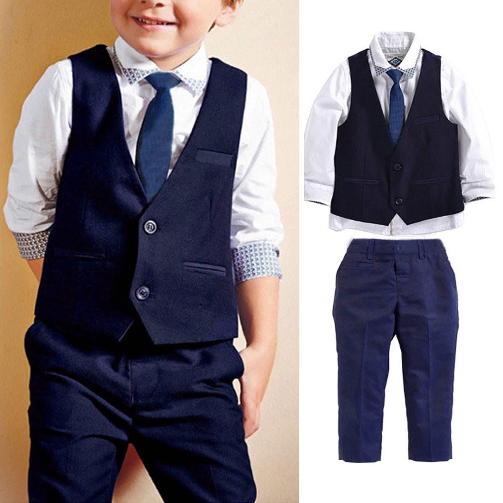 4PCS Kids Baby Boys Outfits Suit /Vest /Shirt /Pants /bow tie Gentleman Clothes