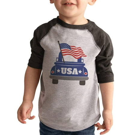 

7 ate 9 Apparel Kids Patriotic 4th of July Shirt - USA Truck American Flag Grey Shirt 5T