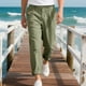 thumbnail image 5 of Pantalones largos de lino para hombre, informales, a la moda, transpirables, con cordón, cintura ajustada, piernas anchas, pantalones largos de rayón para hombre., 5 of 9