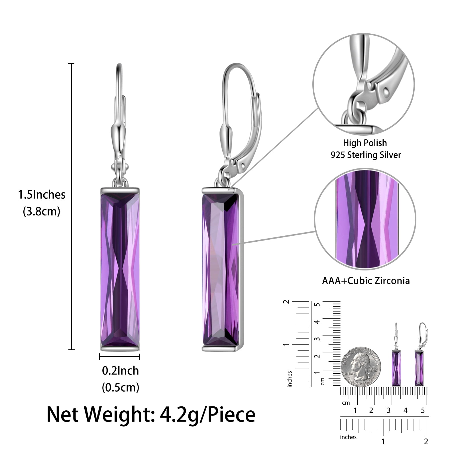 Juwaliy Leverback Dangle Earrings Sterling Silver Women Earrings February Birthstone Amethyst Purple Jewelry Christmas Valentine's Day Gift