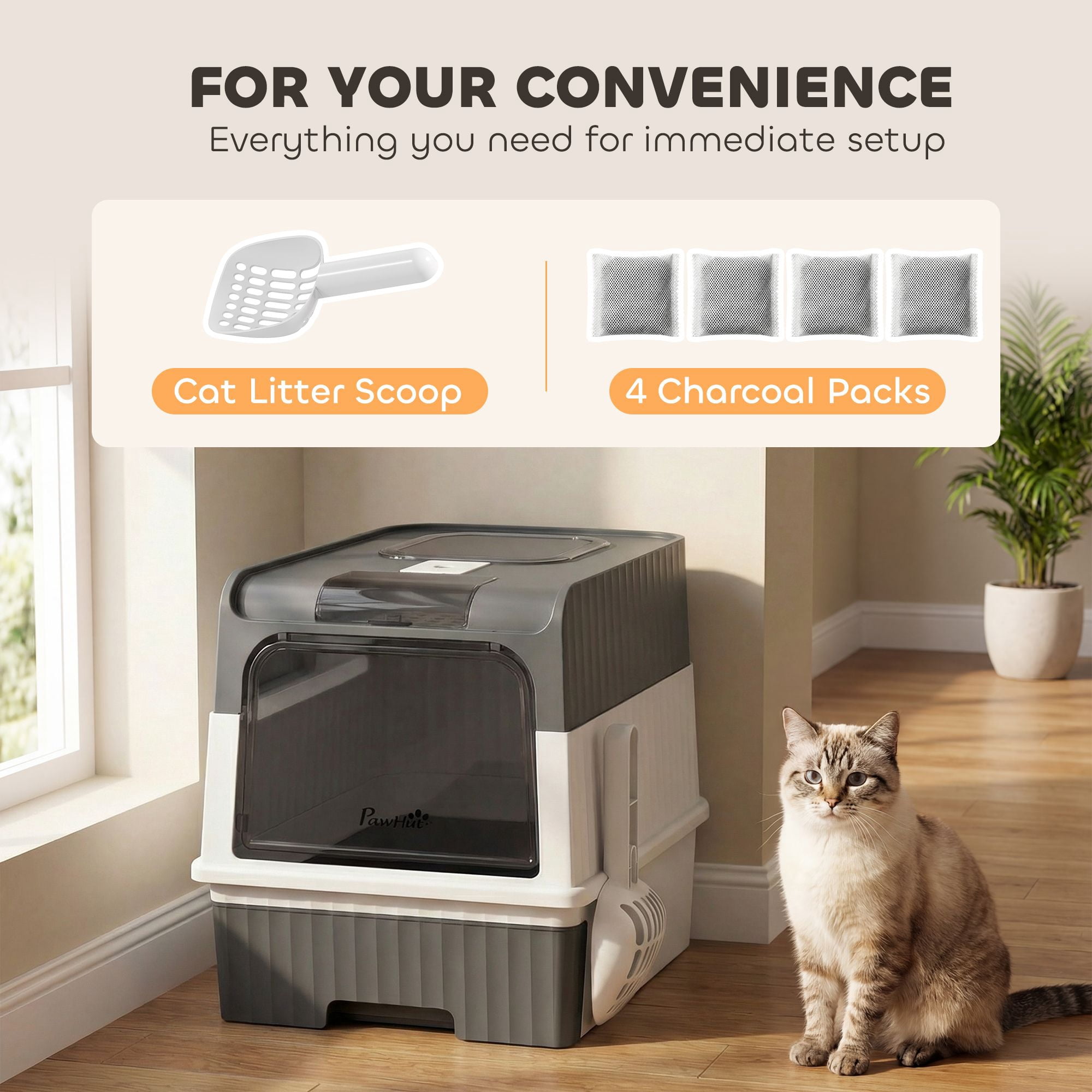 Washure Front Top Entry Hooded Cat Litter Box with Drawer Tray, Gray Easy Cleaning Cat Toilet