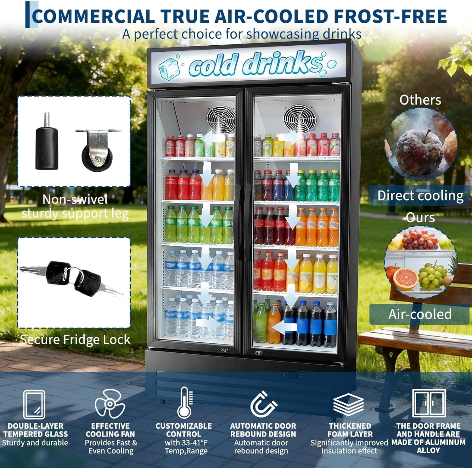 IdealHouse 34.8 Cu.ft Commercial Beverage Fridge, Double Glass Door Display Refrigerator with Adjustable Shelves, Customizable LED Lightbox & Frost-Free System, Beverage Cooler, Black