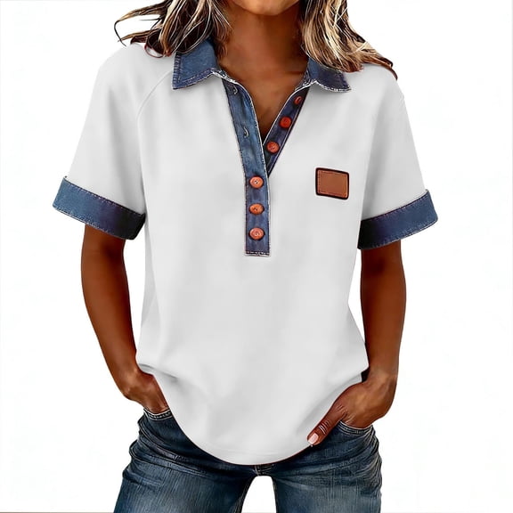 Npasoilc Denim Patchwork Sweatshirts for Women Short Sleeve Turtleneck Button Front Color Casual Pullover Tops