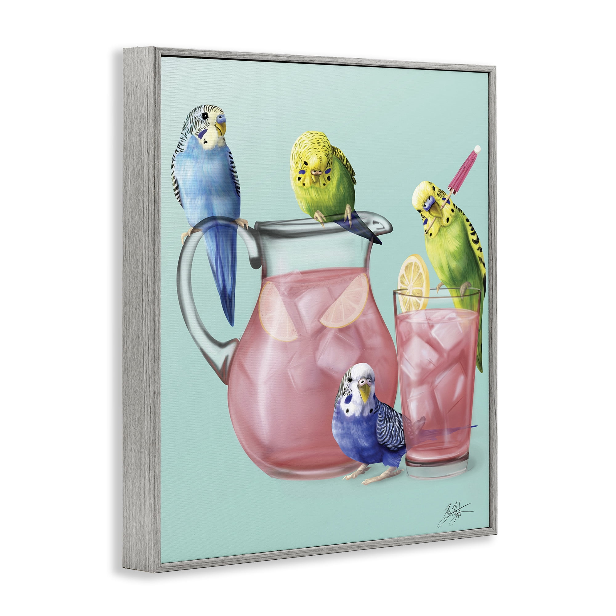 Stupell Industries Budgies & Pink Lemonade Food & Beverage Painting Gray Framed Art Print Wall Art, 11 x 14