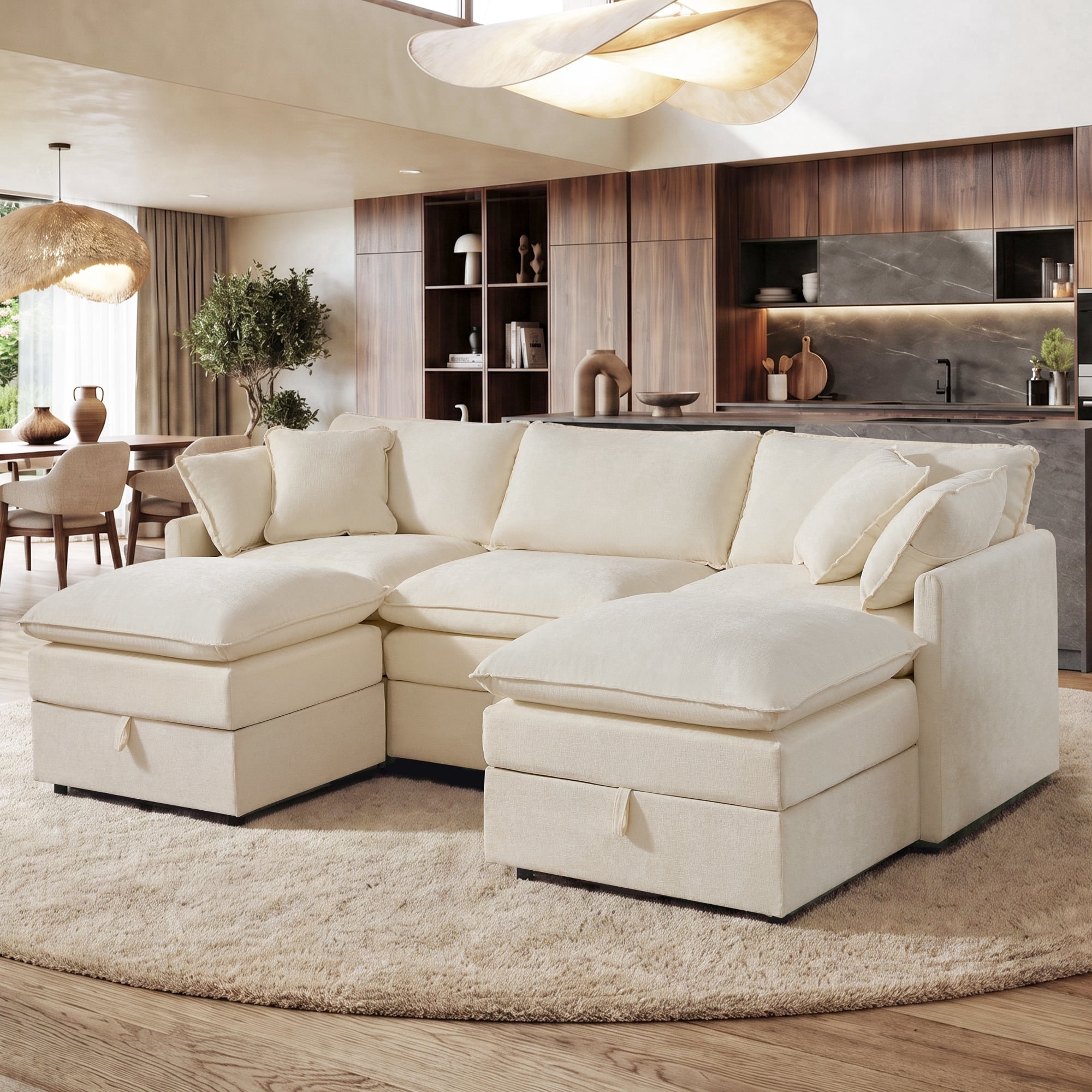 Hombryzy 103 Deep Seat Sectional Sofa with Storage U Shaped Cloud Couch with Movable Ottomans for Living Room Beige