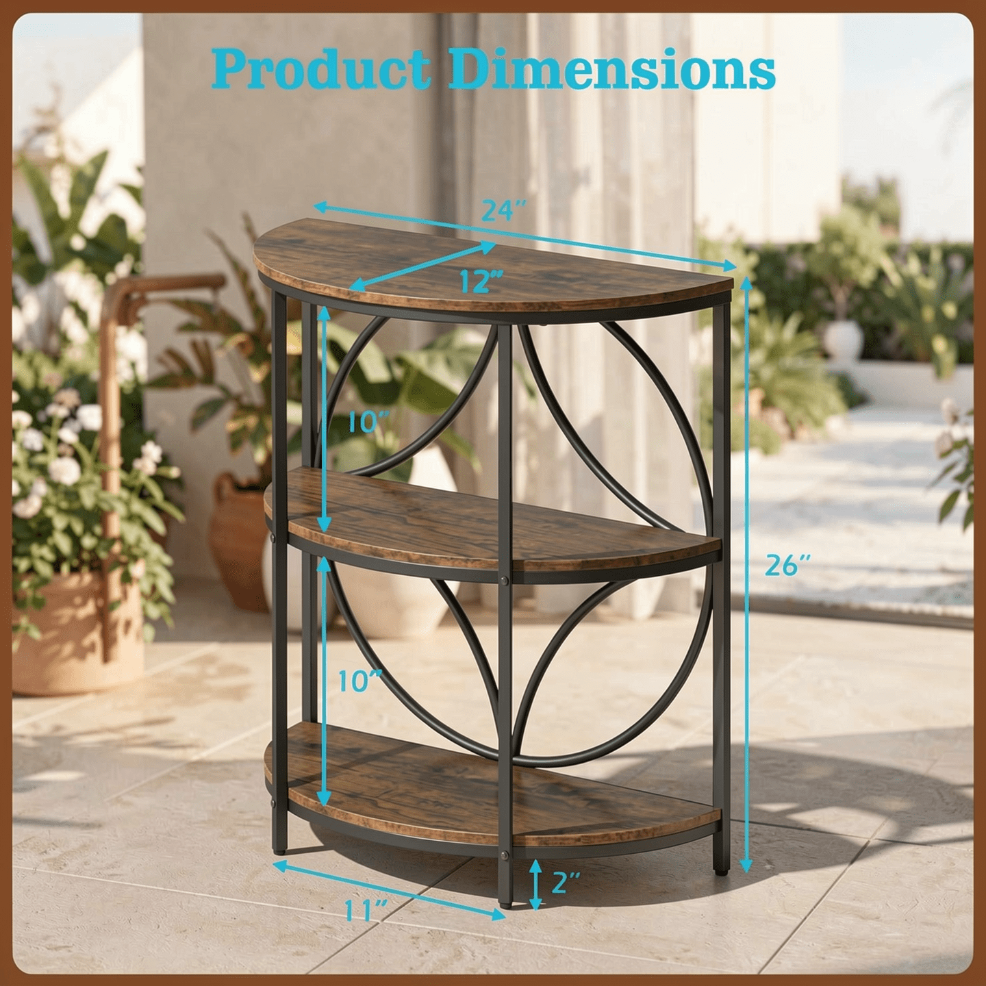 Furnibear 3-Tier Half Round End Table with Sturdy Metal Frame for Living Room, Rustic Brown