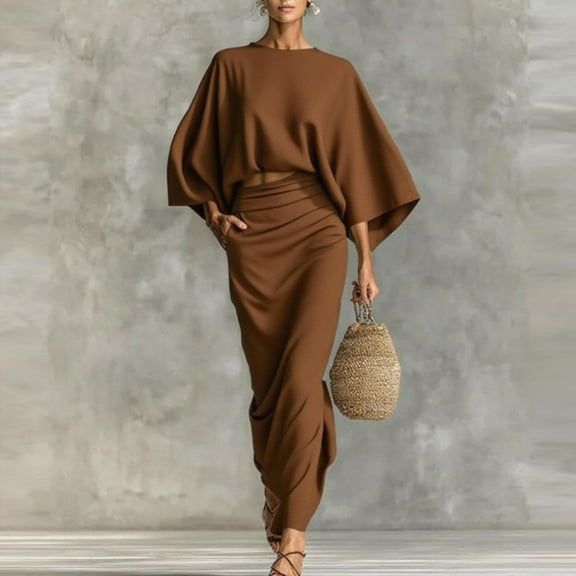 Elvqul Dresses for Women Elbow-Length Crew Neck Womens Dresses Plus Size Solid Pullover Long Dresses Coffee Elegant