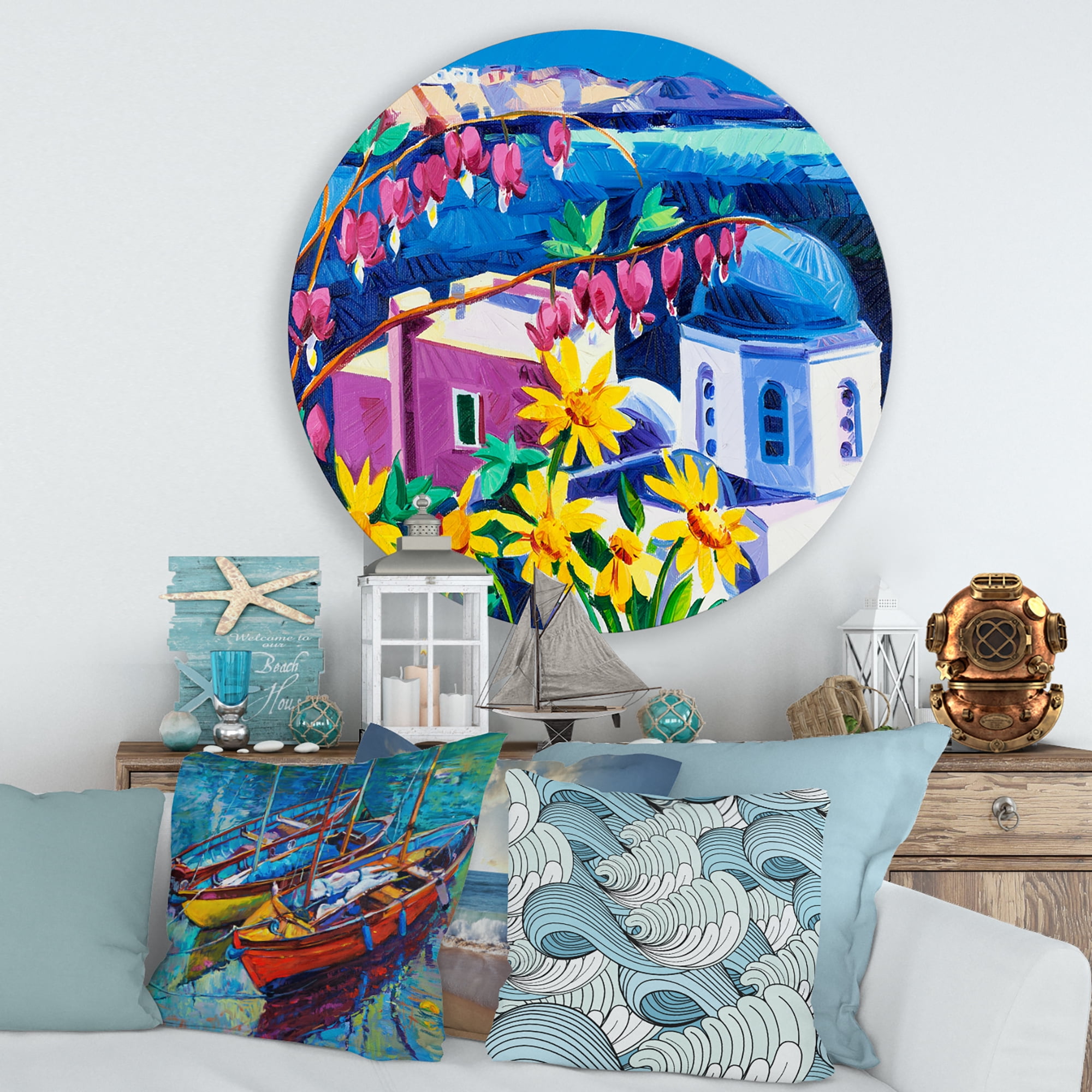 Designart 'Colorful Traditional Santorini Churches Among Flowers' Nautical & Coastal Circle Metal Wall Art 36x36 - Disc of 36