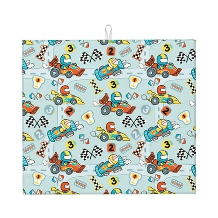 

Dish Drying Mats for Kitchen Counter Cartoon Car Racing 16x18in Dish Drying Pad Coffee Mat with Hanging Loop Super absorbent Kitchen Counter Mat Coffee Bar Accessories