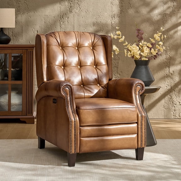 Luxury Genuine Leather Wingback Power Recliner Chair with USB, Nailhead Trim and Solid Wood Legs Camel