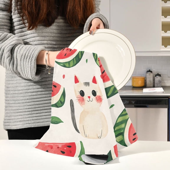 BZSMCE Kitchen Towels Creative Watermelon Cat Pattern Durable Kitchen Towel