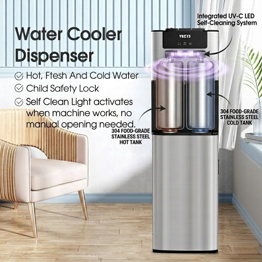 VECYS Self-cleaning Bottom Load 3 5 gal Water Dispenser with Pitcher, Child Safety Lock
