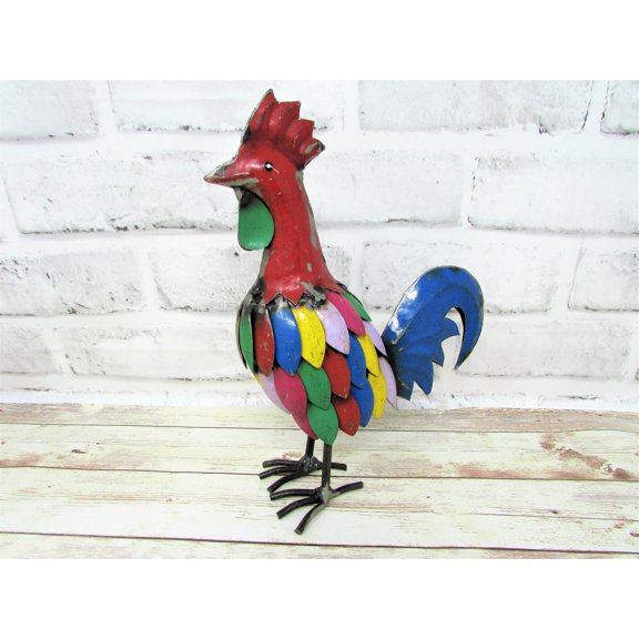 Rustic Small 9 Inch Tall Repurposed Scrap Metal Rooster Chicken Statue Home Farm Garden