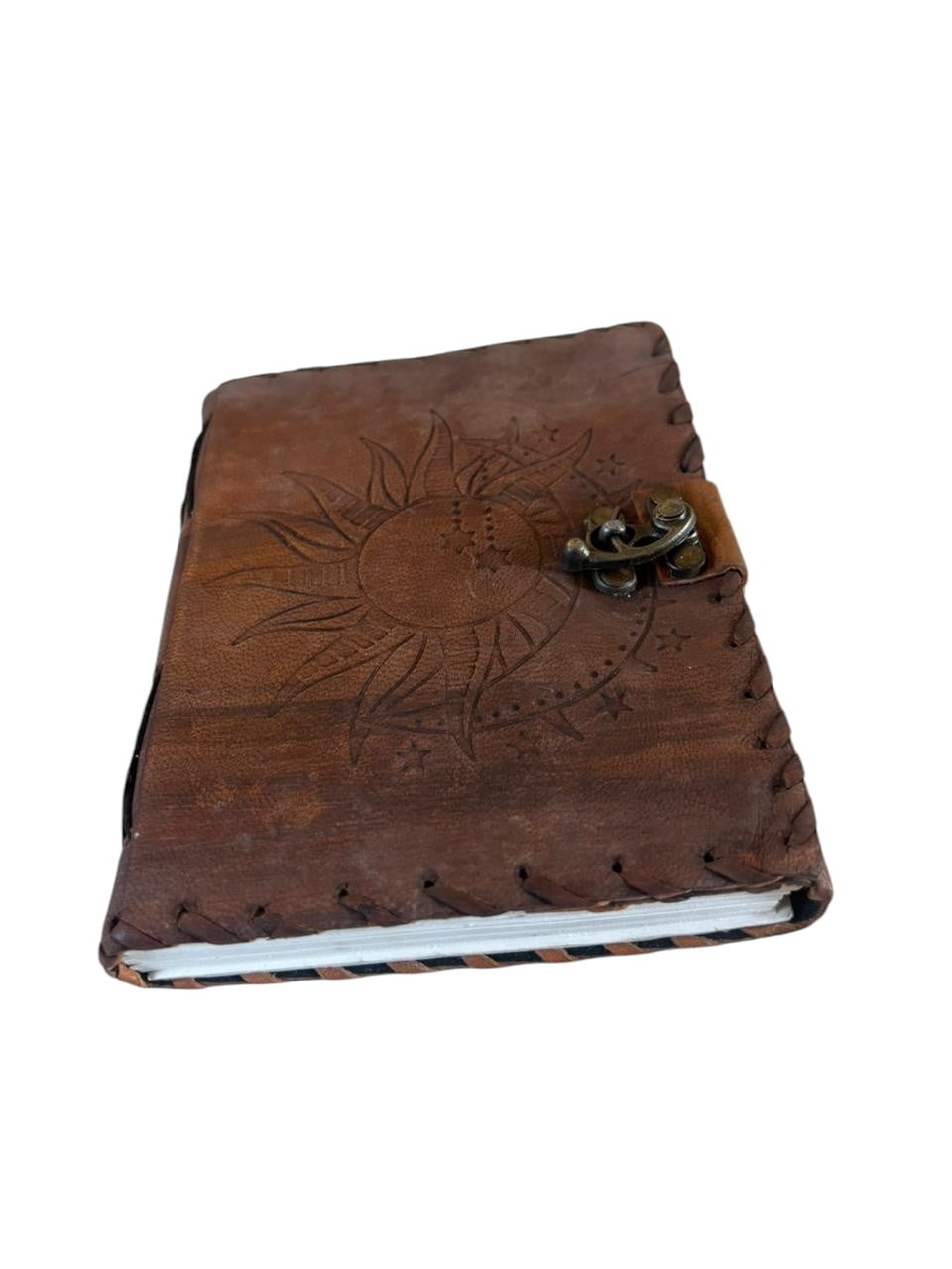 Handmade Leather Journal with Lock – Sun Embossed Design, White Drawing Paper Notebook, Vintage Antique Diary, Lightweight Sketchbook (5x7)