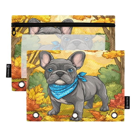 2 Pack 3 Ring Binder Pouch with Clear PVC Window Water Resistant Zipper Pencil Pouch Cute Gray French Bulldog Binder Pocket for Classroom Office Home Stationery Organization