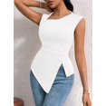 thumbnail image 6 of Womens Asymmetric Neck Slim Fit Cropped Solid Color Tshirt Elegant Basic Top Casual Chic Tee Cream White L, 6 of 9