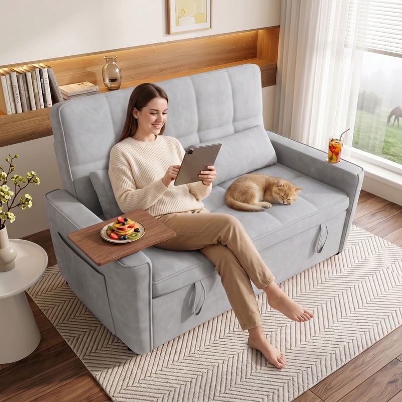 Anpport 3‑in‑1 Convertible Sleeper Sofa Bed, Pull‑Out Sofa with Side Desk, USB Ports, Cup Holders, Storage Armrests & Adjustable Backrest for Living Room Apartment, Light Gray