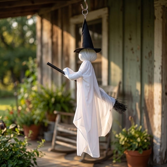 Hanging Flying Ghost Witch Ornament on Broomstick, White Halloween Decor with Witch Hat for Porch, Tree, Yard and Indoor Party