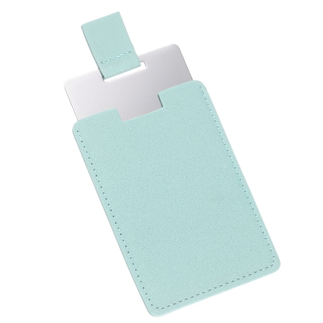 Espejo de bolsillo Uxcell de acero inoxidable irrompible, espejo de maquillaje compacto con funda de PU de cuero (azul claro, 2.56 x 3.74 pulgadas)