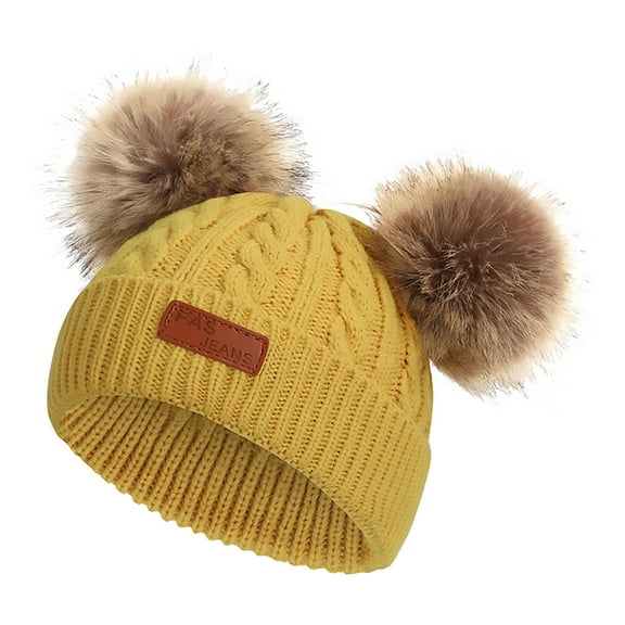 NOKIO Kids Boys Girls Winter Double Pom Pom Beanie Hats Fur Ball Cute Cap Warm Soft Cable Knit Hat with Ears for Girls Warm Kids Boys Girls Winter Hat with Pompom Ears Knitted Toddler Beanie Hats