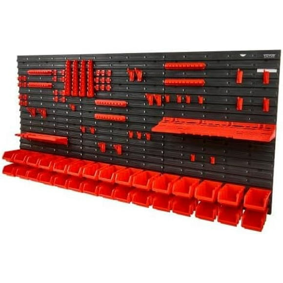 Wall Mounted Storage Bins, 30-Bin Parts Rack Organizer Garage Plastic Shop Tool with Wall Panels/Tool Holders/Hooks, Tool Organizer for Nuts, Bolts, Screws, Nails, Beads, Buttons, Black and Red