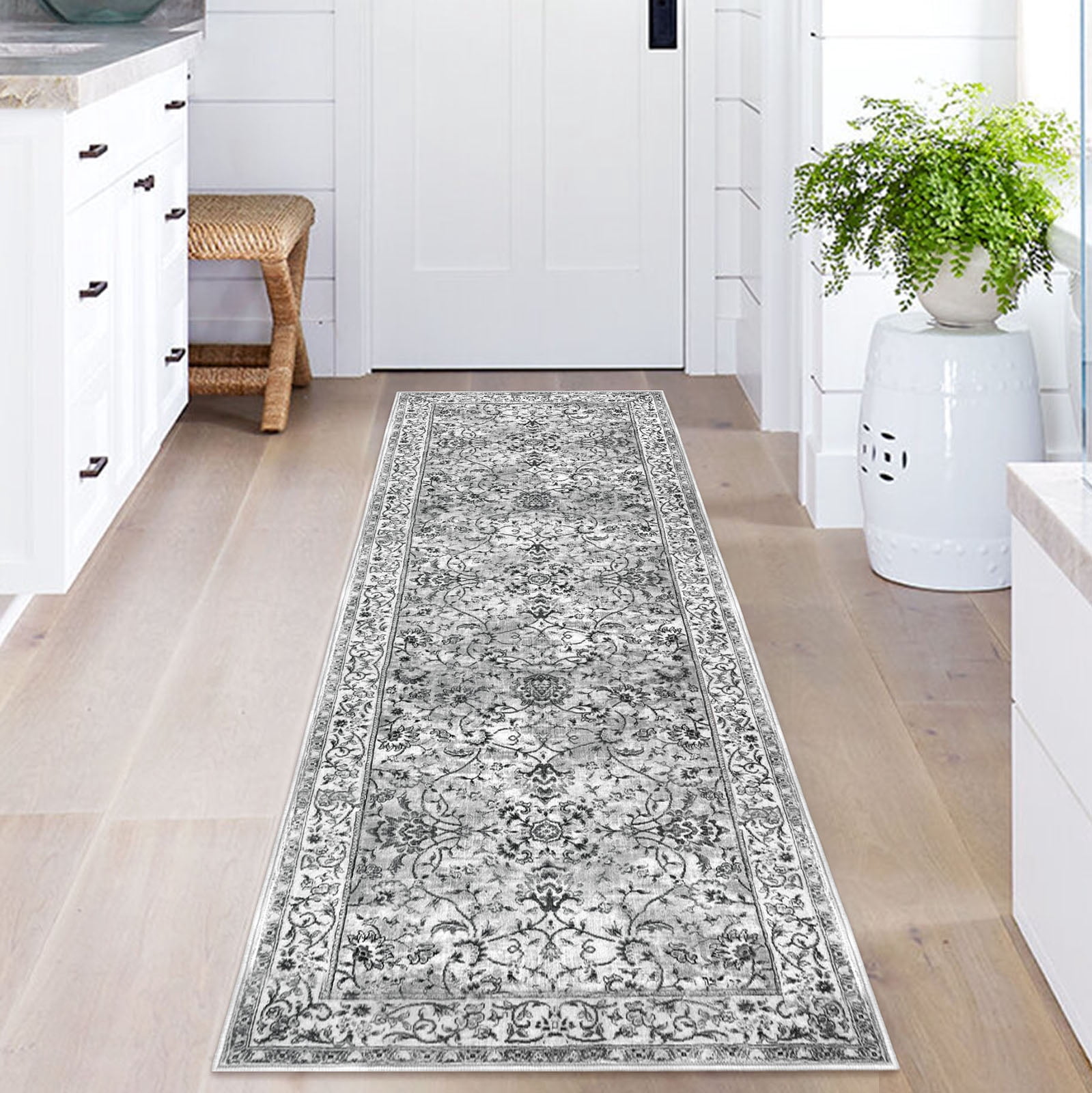 iOhouze Runner Rugs for Hallway 2x5 Rug Runner Thin Vintage Floral Rug Washable Runners Non-Slip Soft Low Pile Kitchen Runner Rug for Laundry Room Bedroom, Light Gray White