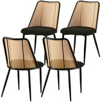 Black Rattan Dining Chairs (Set of 4), Boucle Upholstery, Natural Cane Back, Kitchen & Living Room