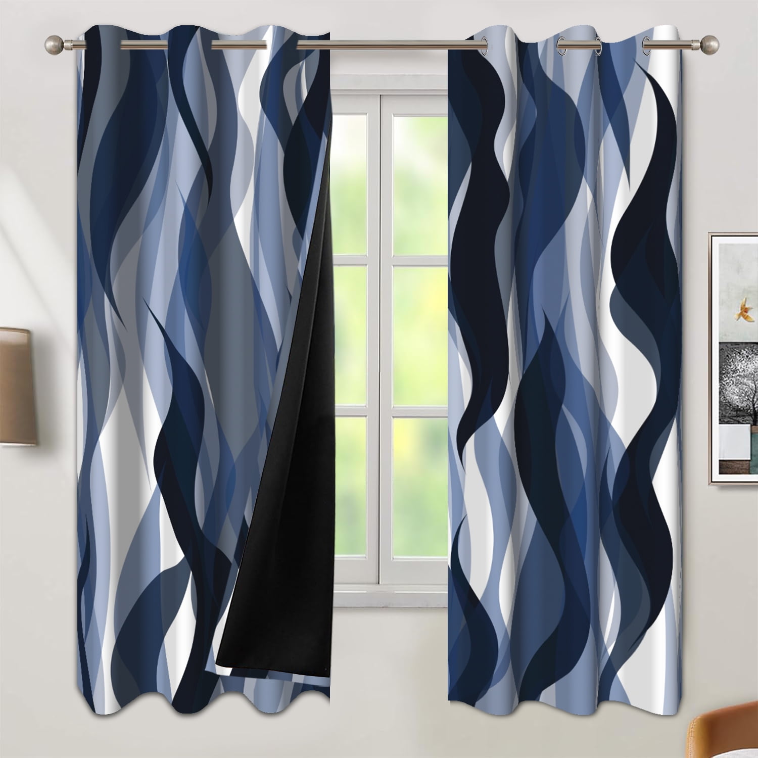 Pbobriich Blue and Gray Blackout Curtains for Bedroom Modern Black and White Stripes Grommet Curtain for Living Room 2 Panels Set 42x96 Inches