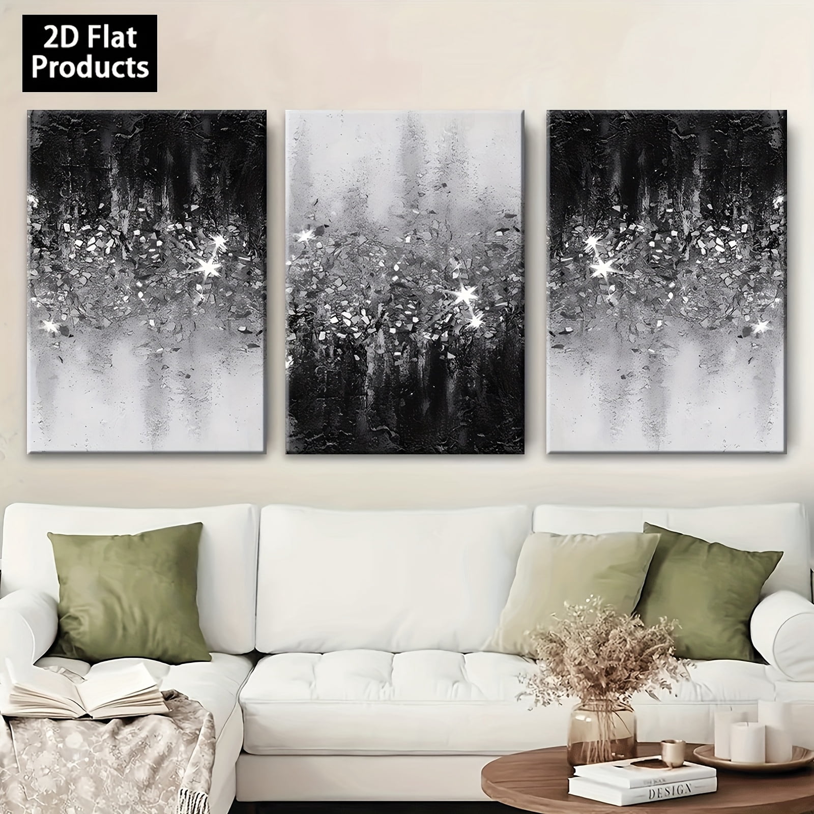 3pcs Modern Abstract Black & White Sparkling Wall Art | Framed Wrapped Canvas Paintings, Vertical Contemporary Shiny Decor Suitable for Living Room, Bedroom, Corridor - Ideal for Halloween,