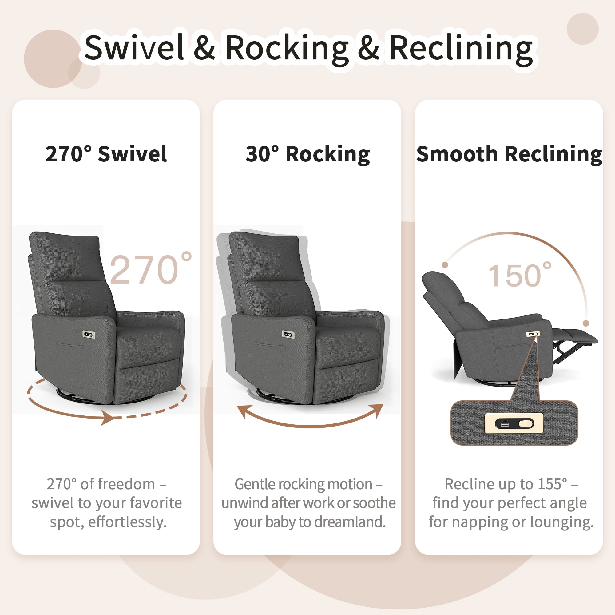 Leumius Swivel Recliner Chair,270° Swivel Rocker Chair for Adults,Small Rocking Recliner for Small Spaces, Upholstered Fabric Glider Recliner Nursery,Living Room Chair,Theater SeatingDark Gray
