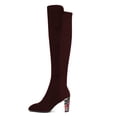 thumbnail image 3 of YDN Women Classic Round Closed Toe Knee High Boots Rhinestone Block High Heel Long Boots Fall Winter Dressy Shoes Size 4 Dark Red, 3 of 4