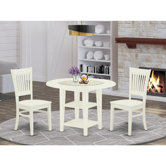 Homestock Victorian Vintage 3-Piece Dining Room Set 2 Wooden Dining Chairs With Slatted Back And A Wooden Seat And Drops Leaves Kitchen Table With Round Top And 4 Legs- Linen White Finish