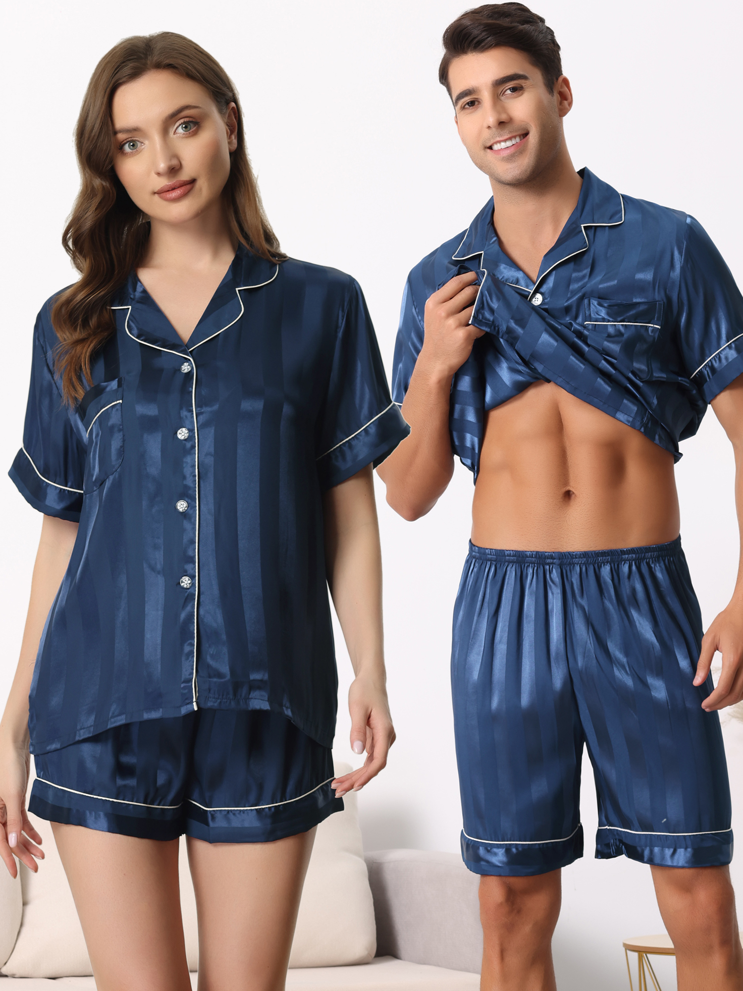 Unique Bargains Men's Satin Button Down Striped Short Sleeve Shorts Pajama Set M Blue