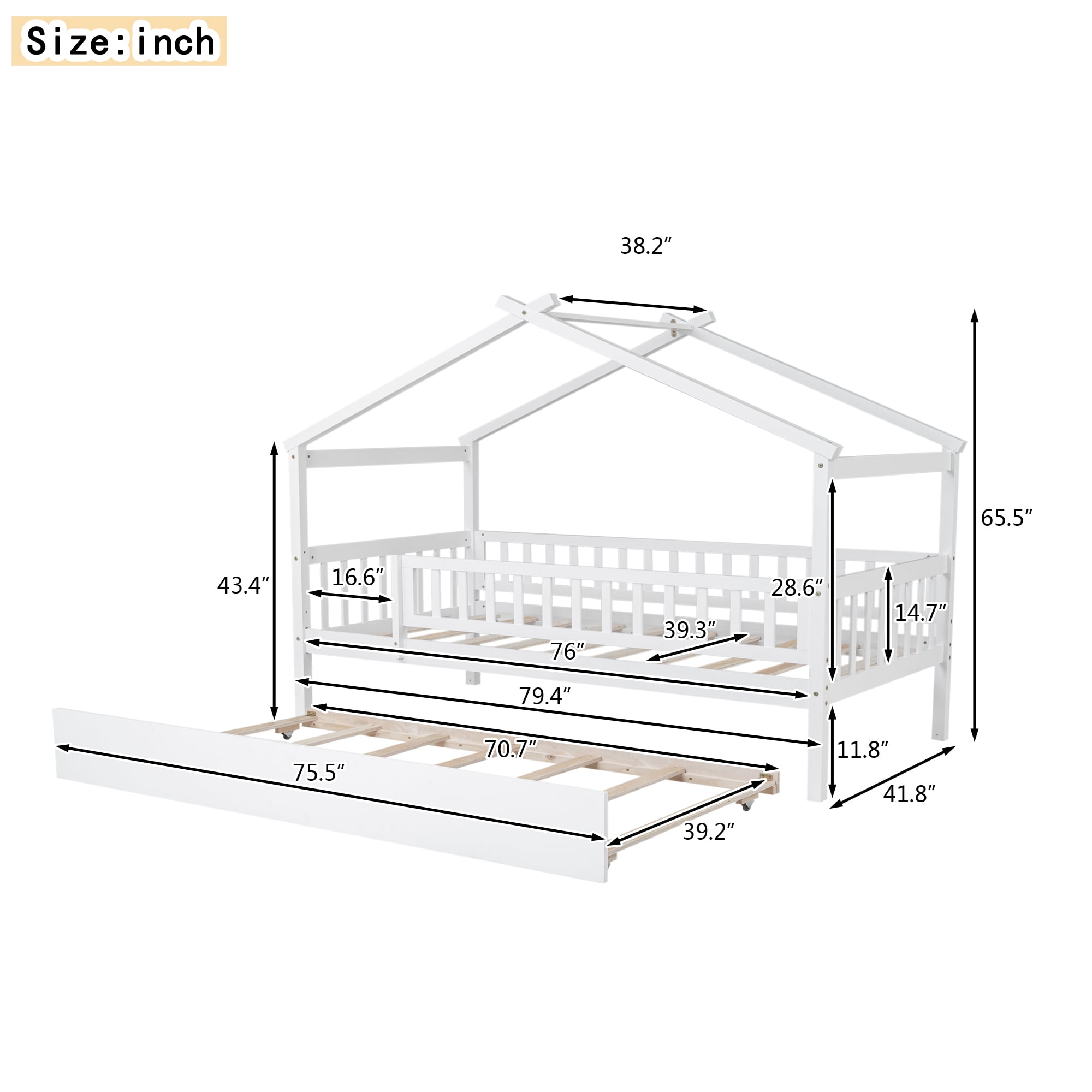 Gewnee Pine Wood Twin Size House Bed with Trundle and Roof for Kids,White