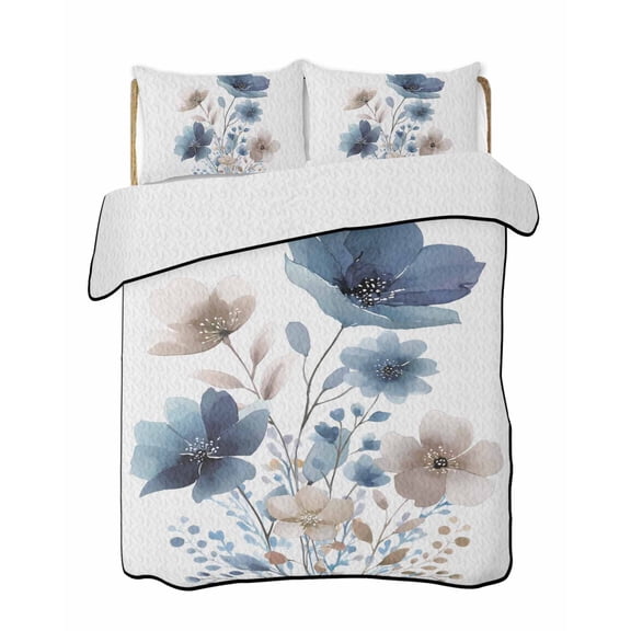 Quilts Twin-XL Size Bedding Set, Navy Blue Floral Lightweight Quilted Comforter, Watercolor Flowers Farmhouse Soft Reversible Bedspread Coverlet with Pillow Covers for All Season, 68" x 98"