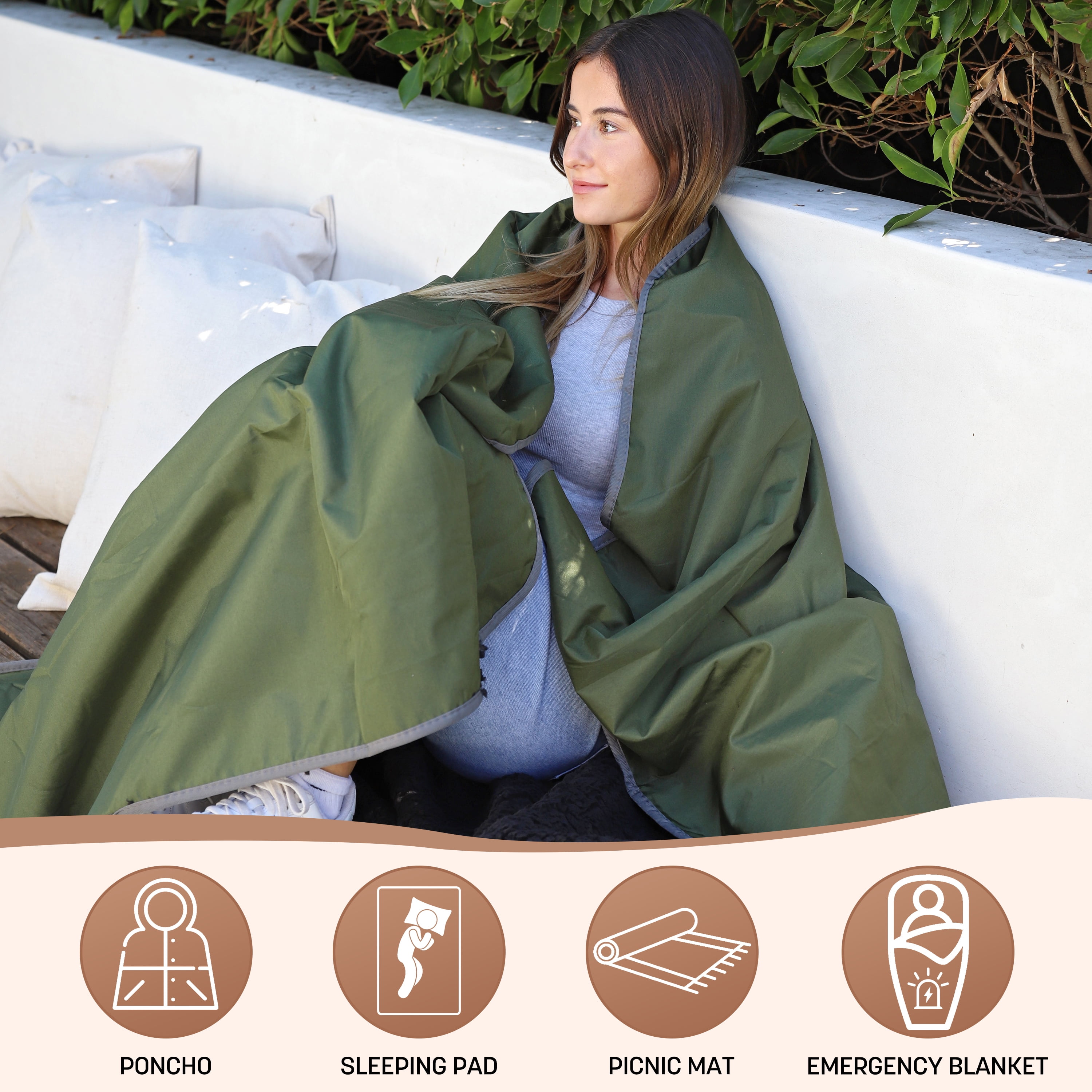 Tirrinia Waterproof Outdoor Blanket with Sherpa Lining, Windproof, Triple-Layered, Warm, Comfy, Foldable Fleece Blanket for Camping, Stadiums, Picnics and Pets, Green/Black, Extra Large, 66'' x 90''